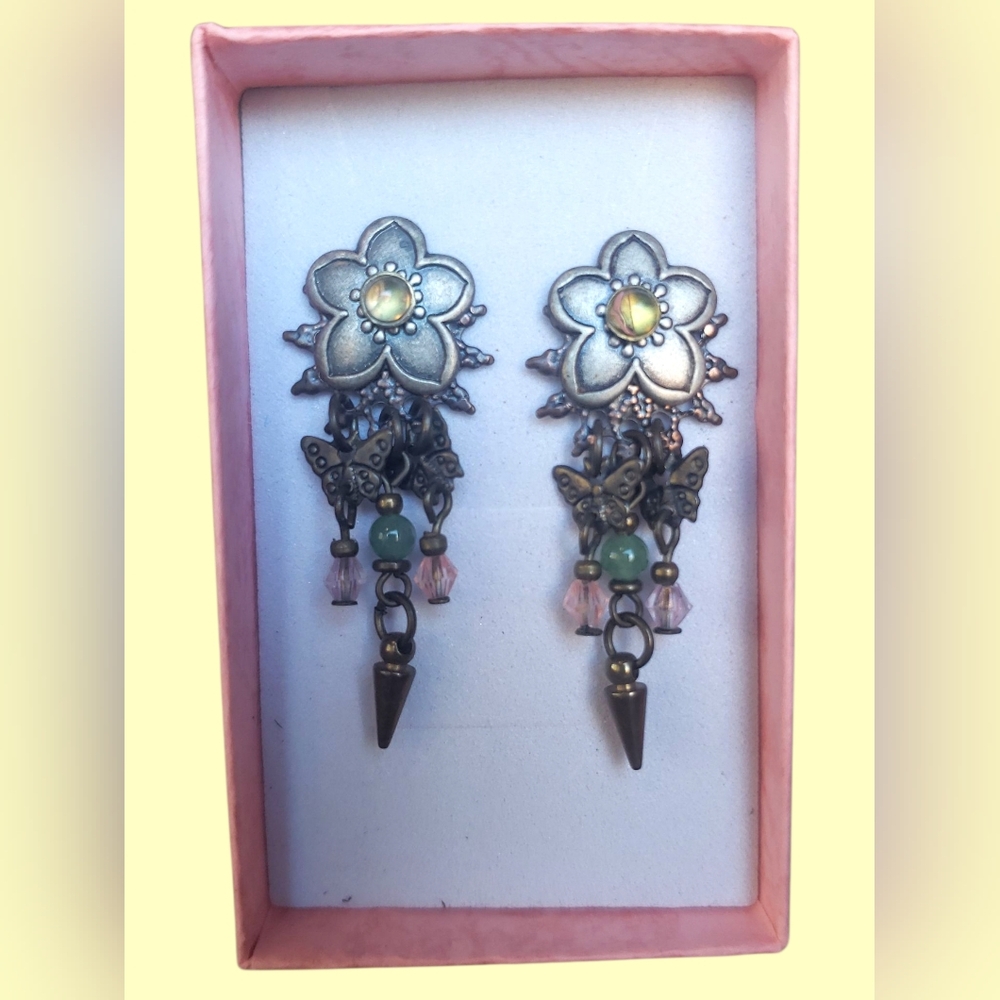 Vintage Butterfly Floral Bronze Earrings with Green Accents